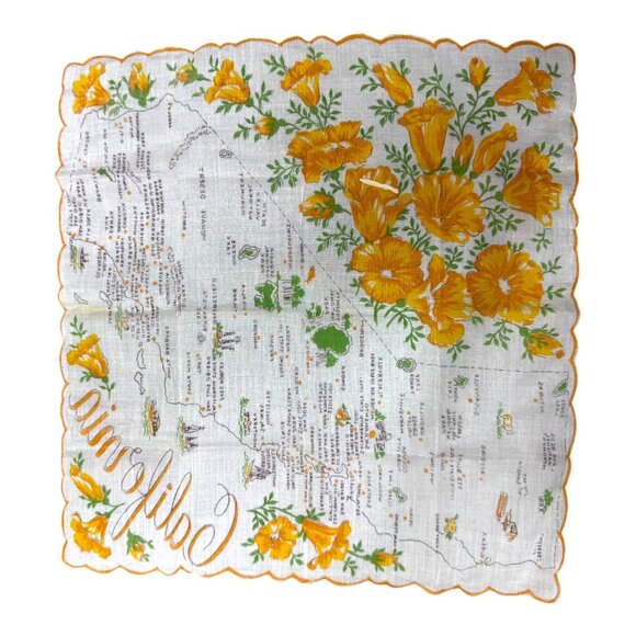VTG 1960s Ranshaw California State Handkerchief Hankie Flowers Scalloped Yellow - Picture 5 of 6